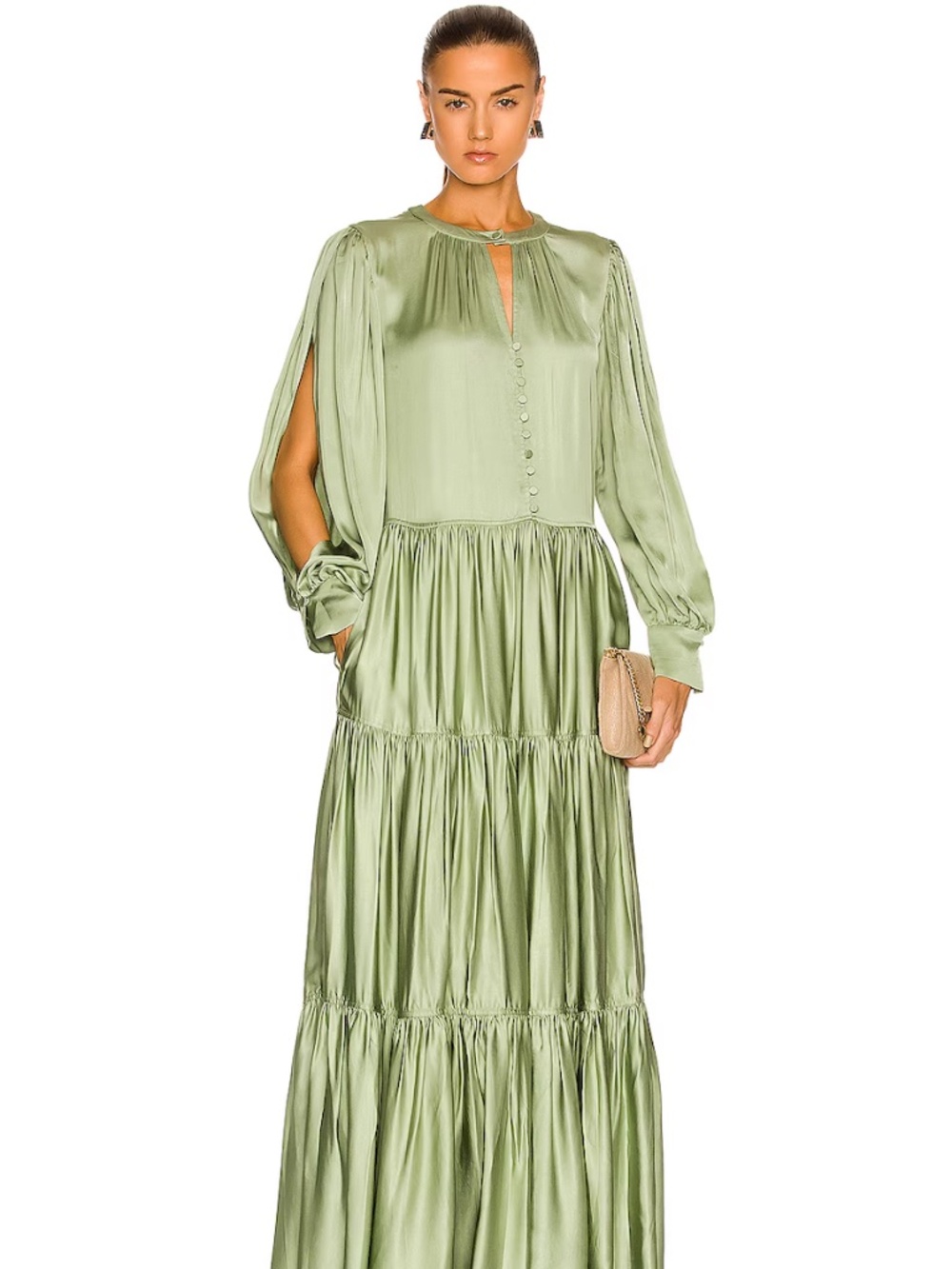 Jonathan Simkhai Women's Green Satin Allegra Tiered Maxi Gown Dress